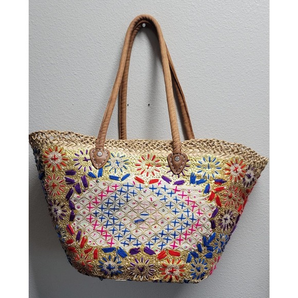 Vtg Straw Hand Woven Large Tote Bag Embroidered - Picture 3 of 4